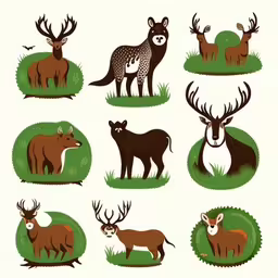several different types of deer in the field,various deer and deer does in different types of the image,a picture of various deers that are on a grassy field,several different types of deer in different stages of development,a group of different deers that are standing in the grass