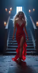 a woman in a red dress is walking down stairs