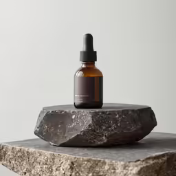 a bottle of essential oil is sitting on top of some rocks