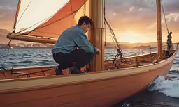 a man stands on the bow of a small sailboat as the sun sets over the water,a man standing on a small sailboat looking at the waves