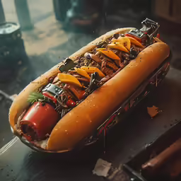 the hotdog has been decorated with many fixings
