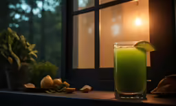 a glass filled with green liquid next to vegetables