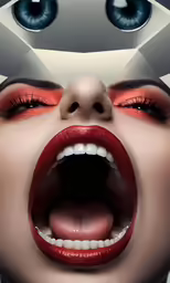 a woman with red lipstick and big blue eyes with a face mask on