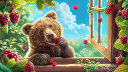 a teddy bear is looking out of a window with raspberries on its nose,bear looking out a window and holding berries in his paws