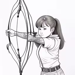 girl archery stance drawing, in black and white,a girl drawing on a wall using a pencil and paper,a girl holding onto a bow and aiming at a target,a girl holding up a bow and arrows drawing,girl with black tattoos archery illustration