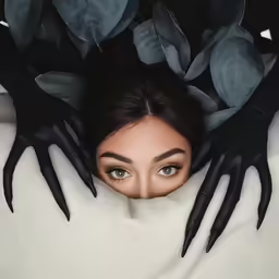 a woman in black gloves hiding behind plants