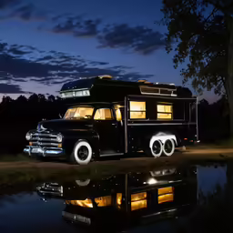 a truck parked at night next to a lake