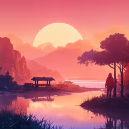the sun shines brightly over a lake with a lone person,a woman in front of some mountains looks out over a small pond