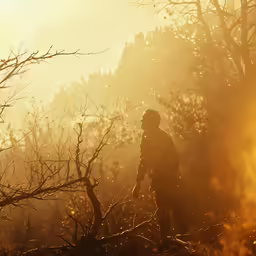 a person is walking in the foggy woods
