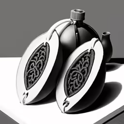 a pair of black and white ornaments is shown on a table