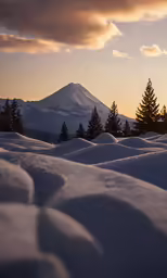 a snowy mountain with a few snow covered trees