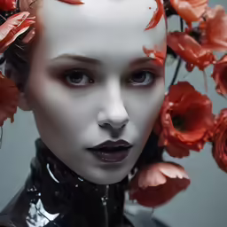 an art - filled model with an artificial head, white skin and bright flowers in her hair