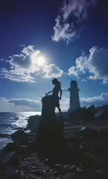 a silhouette of a man on a bicycle by the sea