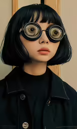 a young woman with black hair and giant round glasses