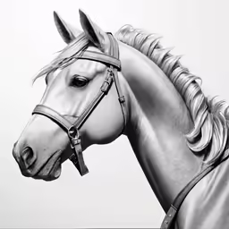black and white drawing of a horse in full bridle