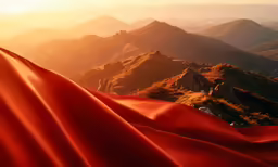 the view from top of a mountain shows a large red sheet