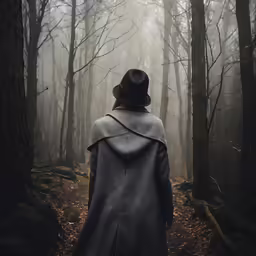 man in coat and hat walking through the woods