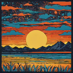 a stylized image of a sunset over water,a painting of the sun in a setting with clouds