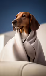 dog with scarf around neck resting on couch