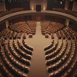 rows of tables in the middle of an auditorium