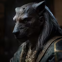 an animal with a long hair and white teeth is wearing black