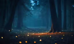 a dark forest filled with many small candles