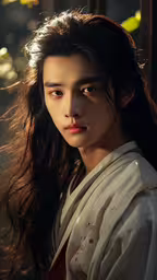 the legend chinese actor li hong yang,a person with long hair is standing by a wall