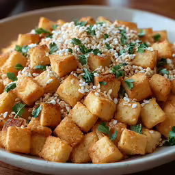 a plate with bread croutons and parsley is served with sesame seeds and garnish
