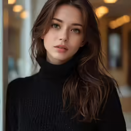 a woman with long hair is standing in front of a window
