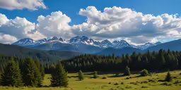 a valley with a grass field and a mountain with snow on it