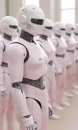 rows of pink mannequins are lined up and waiting