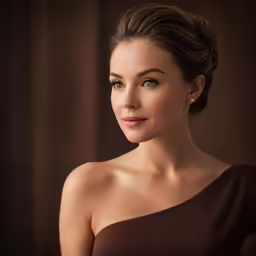 a woman wearing a brown dress with big earrings