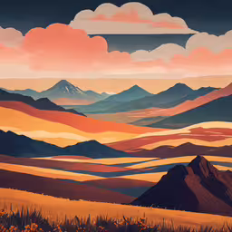 a painting with hills on each side in orange and blue,a colorful landscape is featured with hills and clouds