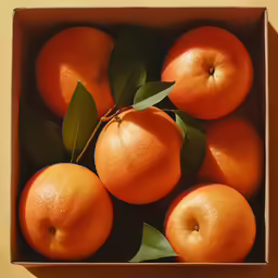 a box filled with oranges and leaves