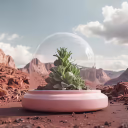 some plants in a pink planter in a desert