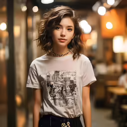woman wearing a t - shirt with the photo of an old car on it