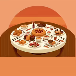 an illustrated view of a food entree on a round table