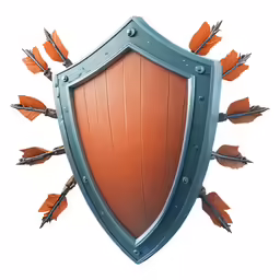 a large orange shield with an arrow shaped design