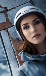 a woman with a white helmet is looking over her shoulder