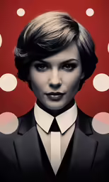 a woman with a black tie is wearing a business suit