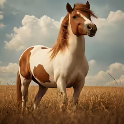 a brown and white horse standing in tall grass