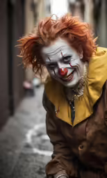 clown with red hair in an alleyway in a city