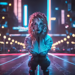 woman in leather jacket squatting on pavement