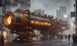 an industrial steam engine sitting on top of a street