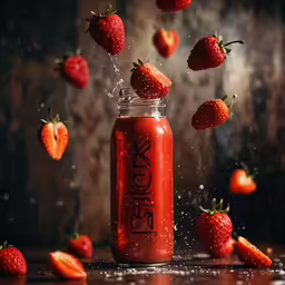 a jar filled with red fruit being tossed by the wind