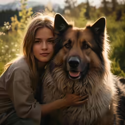 the girl is hugging her dog in the field