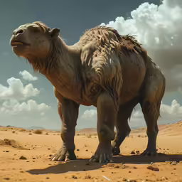 a camel walks through a dirt covered area
