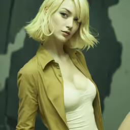 a young woman posing for a photograph in a brown jacket