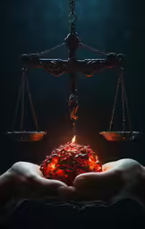 two hands holding a scale balance and fire on it