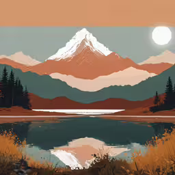 there is a poster of mountains and a lake,a mountain range with a lake in the foreground